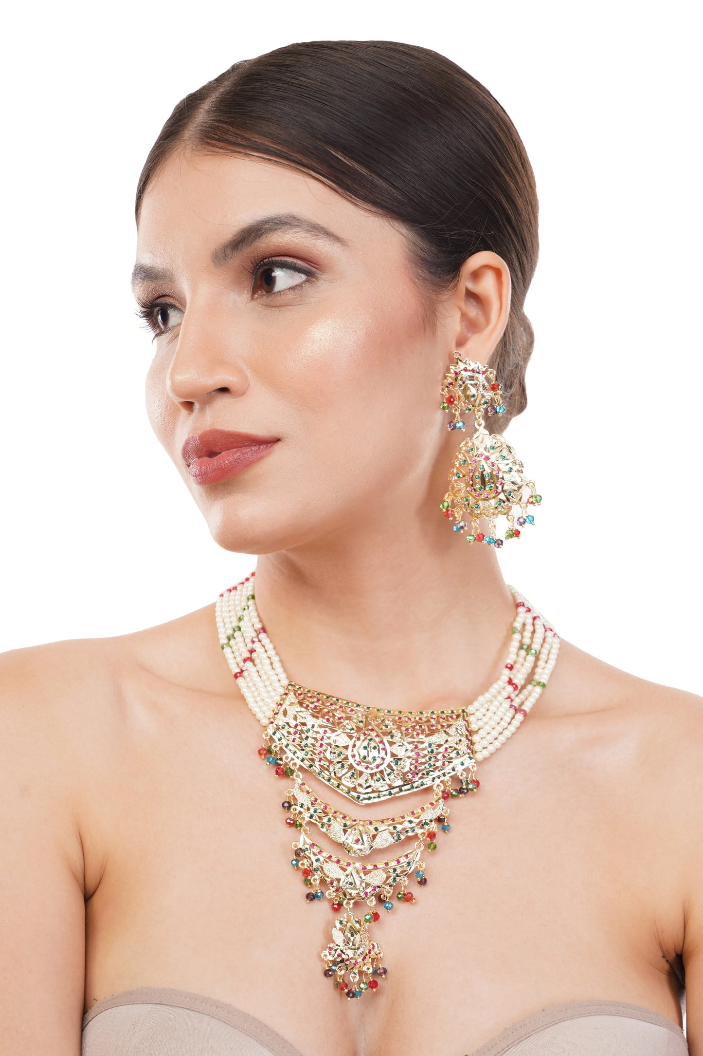 1 Gram Gold Plated Multi Pearl and Gemstone Necklace Set GiftorDecor