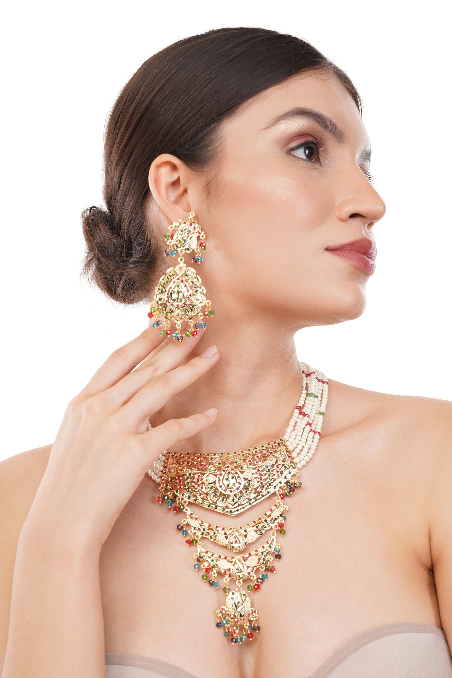 1 Gram Gold Plated Multi Pearl and Gemstone Necklace Set GiftorDecor