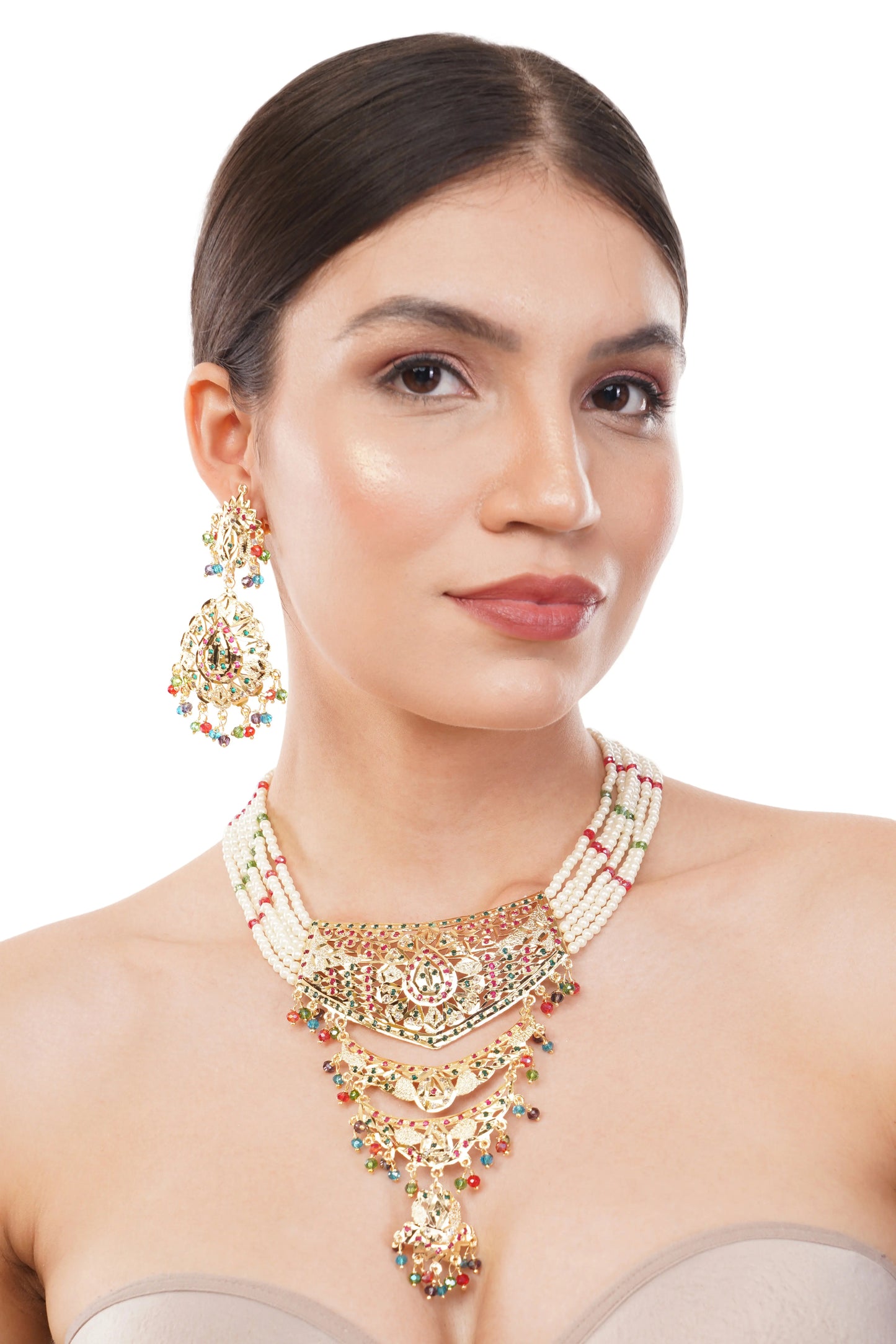 1 Gram Gold Plated Multi Pearl and Gemstone Necklace Set GiftorDecor