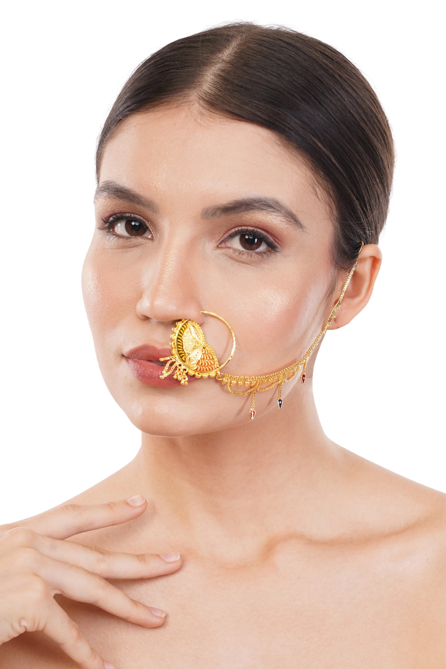 1 Gram Gold Plated Nose Ring With Chain GiftorDecor