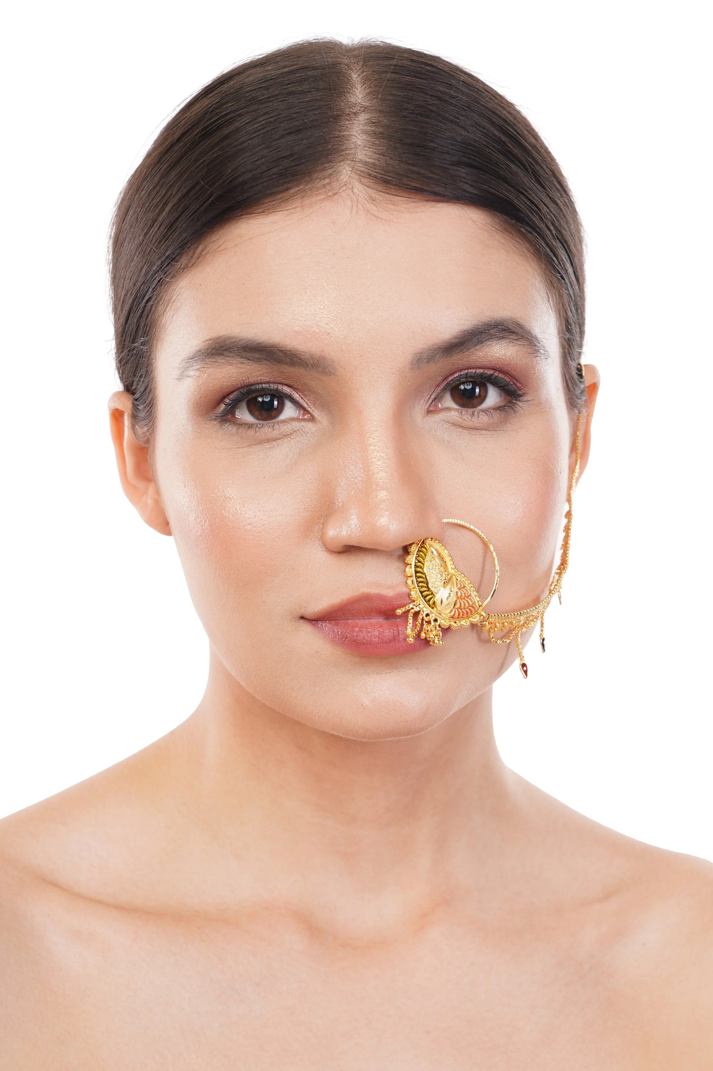 1 Gram Gold Plated Nose Ring With Chain GiftorDecor