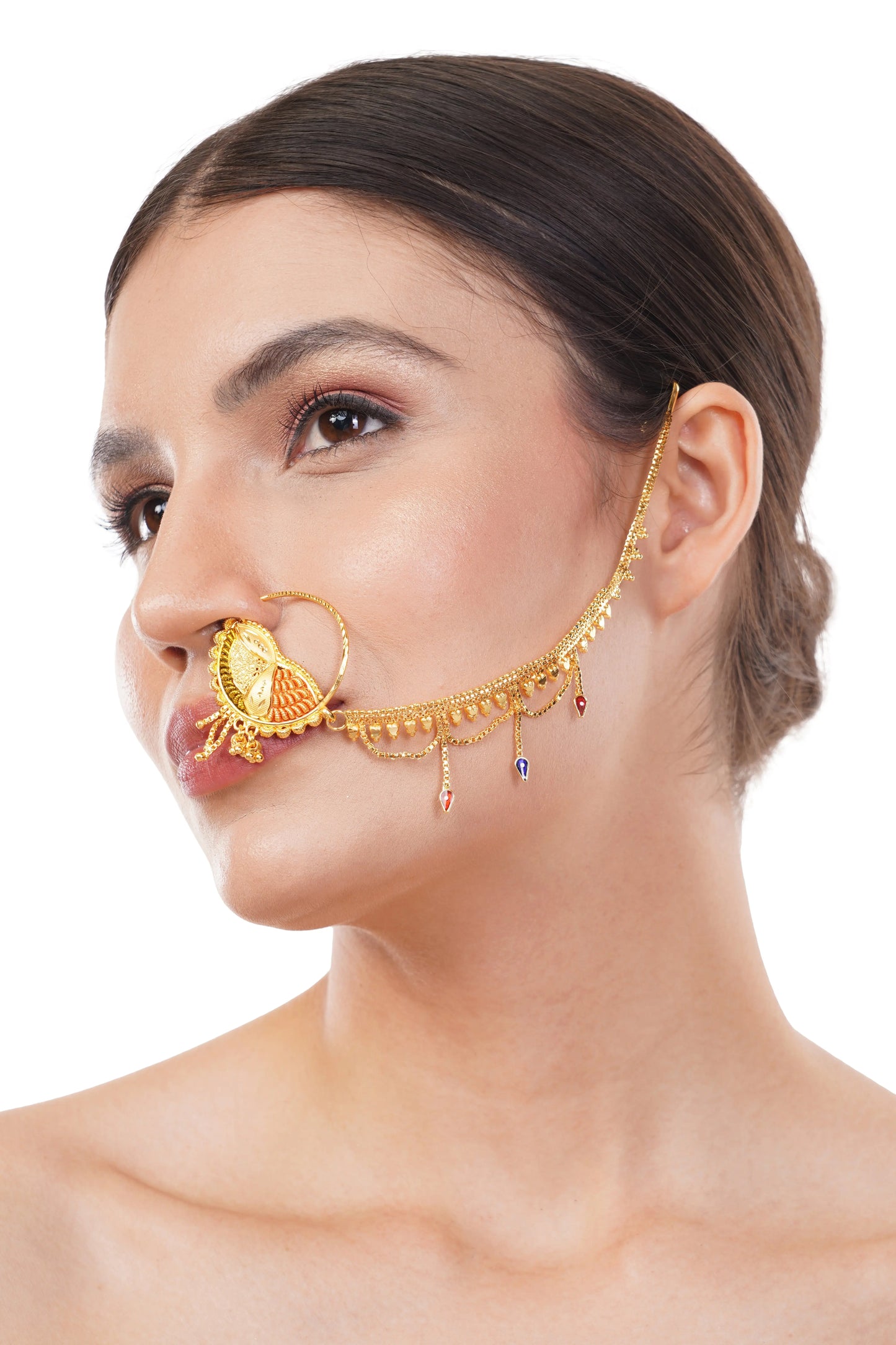 1 Gram Gold Plated Nose Ring With Chain GiftorDecor