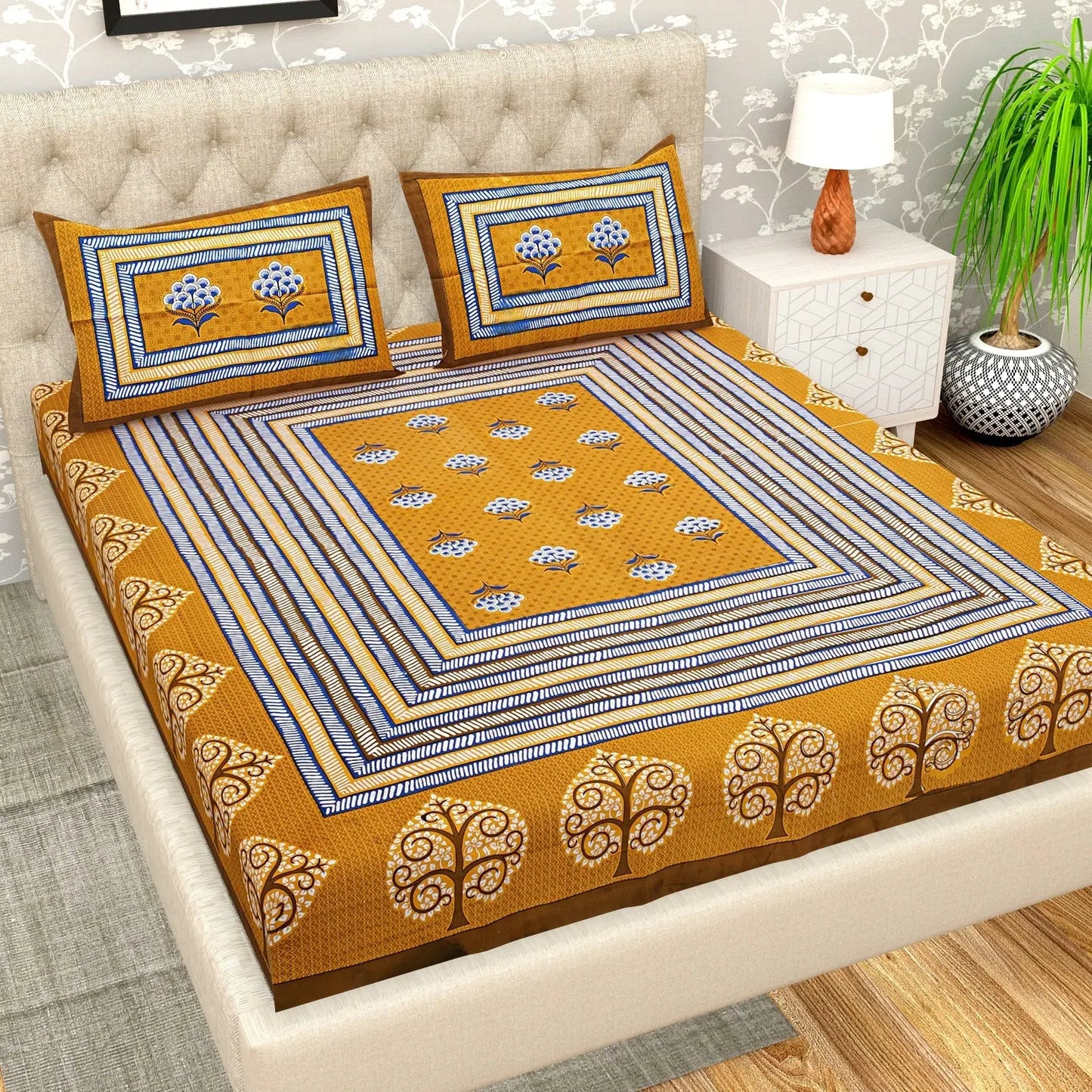 100% Cotton Bedsheet for Double Bed King Size with Pillow Cover Set, 220 TC Gift Or Decor