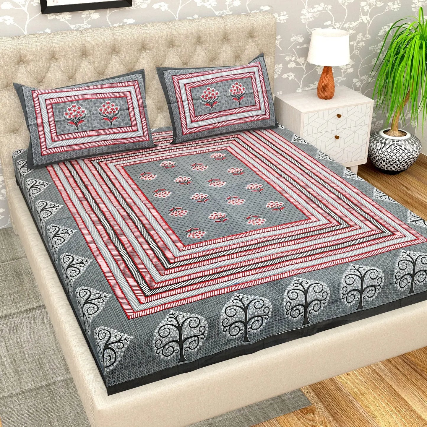 100% Cotton Bedsheet for Double Bed King Size with Pillow Cover Set, 220 TC Gift Or Decor