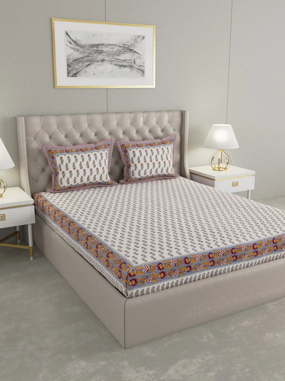 100% Pure Organic Cotton Fabric Hand Block Printed King Size Double Bedsheet with 2 Pillow Covers 340 TC Gift Or Decor
