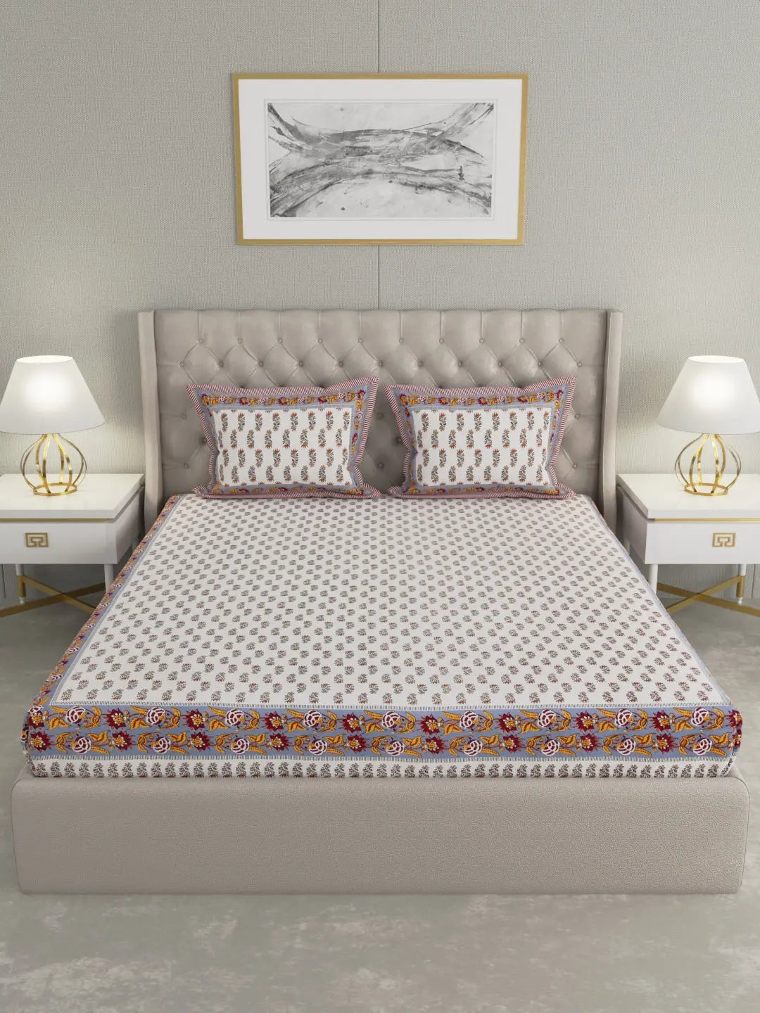 100% Pure Organic Cotton Fabric Hand Block Printed King Size Double Bedsheet with 2 Pillow Covers 340 TC Gift Or Decor