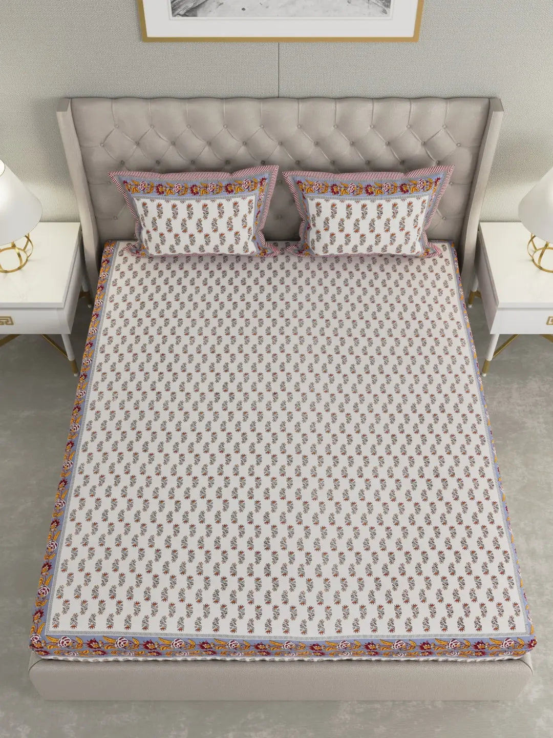 100% Pure Organic Cotton Fabric Hand Block Printed King Size Double Bedsheet with 2 Pillow Covers 340 TC Gift Or Decor