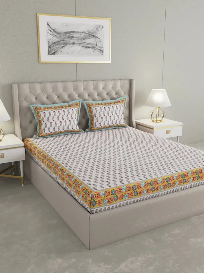 100% Pure Organic Cotton Fabric Hand Block Printed King Size Double Bedsheet with 2 Pillow Covers 340 TC Gift Or Decor