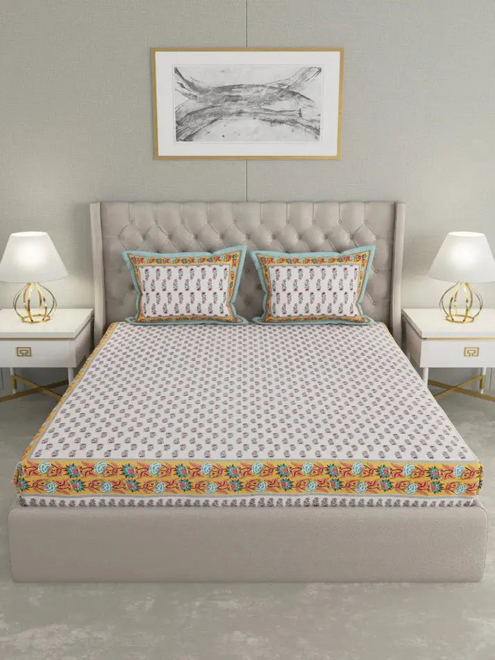 100% Pure Organic Cotton Fabric Hand Block Printed King Size Double Bedsheet with 2 Pillow Covers 340 TC Gift Or Decor