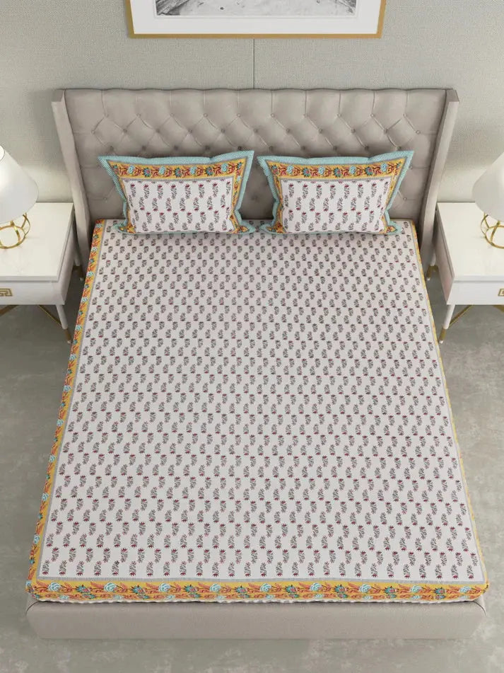 100% Pure Organic Cotton Fabric Hand Block Printed King Size Double Bedsheet with 2 Pillow Covers 340 TC Gift Or Decor