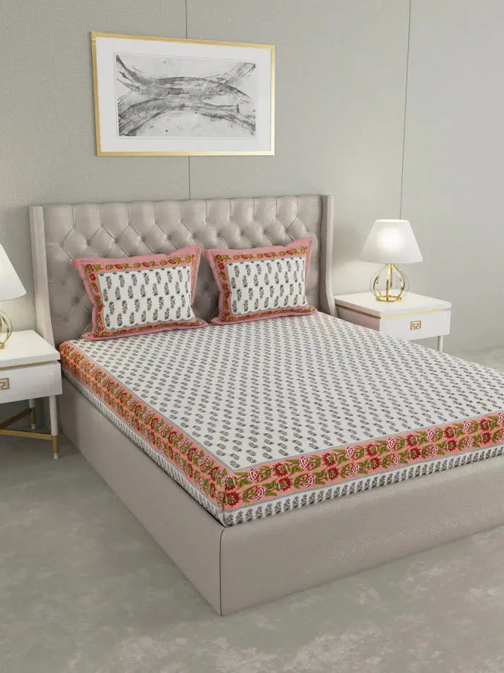 100% Pure Organic Cotton Fabric Hand Block Printed King Size Double Bedsheet with 2 Pillow Covers 340 TC Gift Or Decor