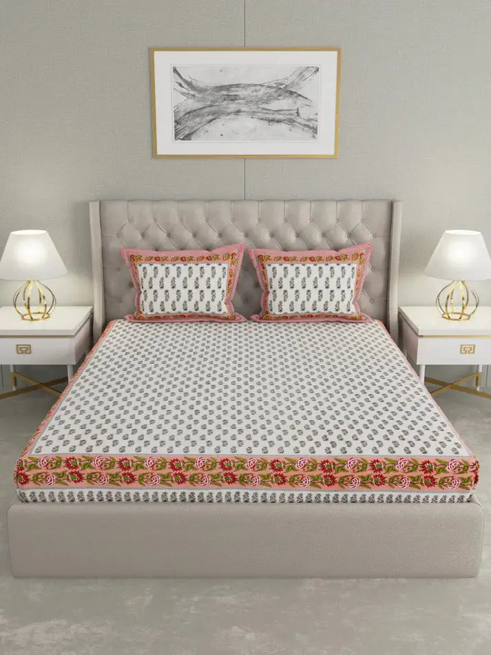 100% Pure Organic Cotton Fabric Hand Block Printed King Size Double Bedsheet with 2 Pillow Covers 340 TC Gift Or Decor