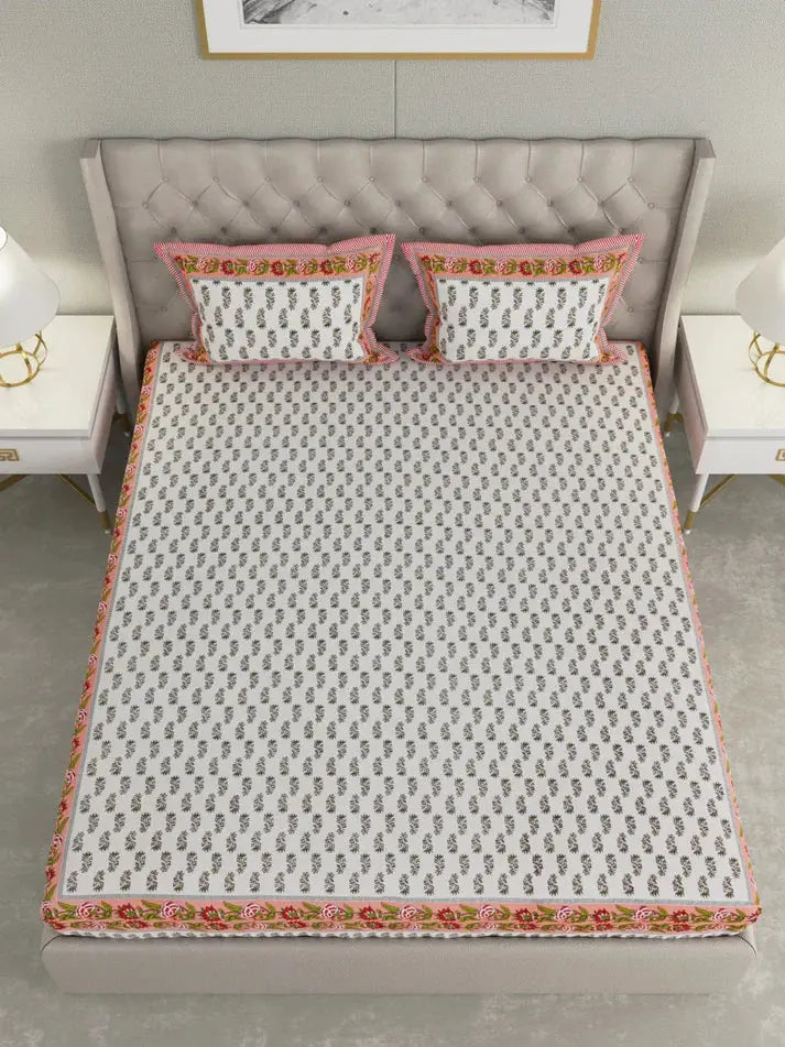 100% Pure Organic Cotton Fabric Hand Block Printed King Size Double Bedsheet with 2 Pillow Covers 340 TC Gift Or Decor