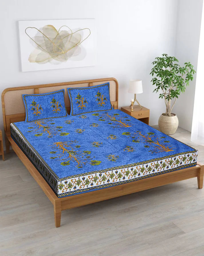 100% Pure Organic Cotton Fabric Hand Block Printed King Size Double Bedsheet with 2 Pillow Covers 340 TC Gift Or Decor