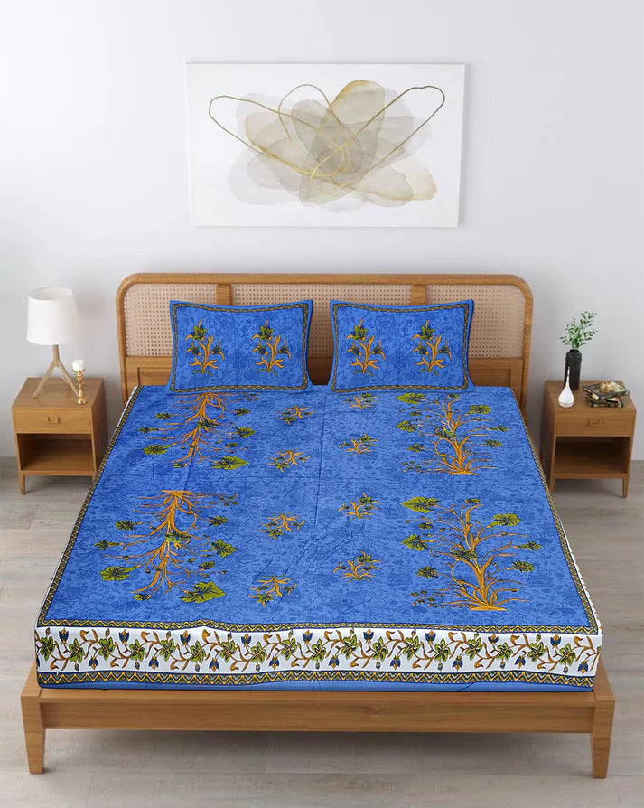 100% Pure Organic Cotton Fabric Hand Block Printed King Size Double Bedsheet with 2 Pillow Covers 340 TC Gift Or Decor