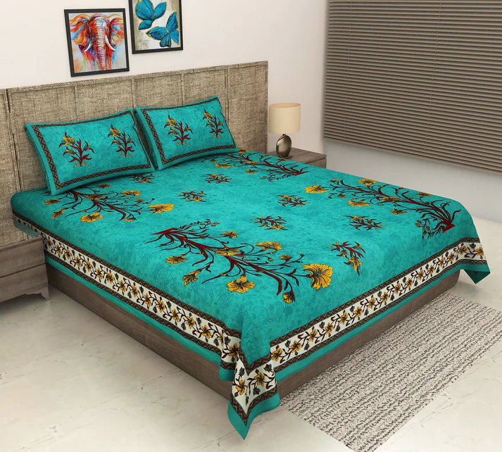 100% Pure Organic Cotton Fabric Hand Block Printed King Size Double Bedsheet with 2 Pillow Covers 340 TC Gift Or Decor
