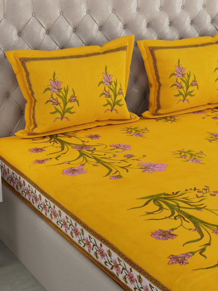 100% Pure Organic Cotton Fabric Hand Block Printed King Size Double Bedsheet with 2 Pillow Covers 340 TC Gift Or Decor