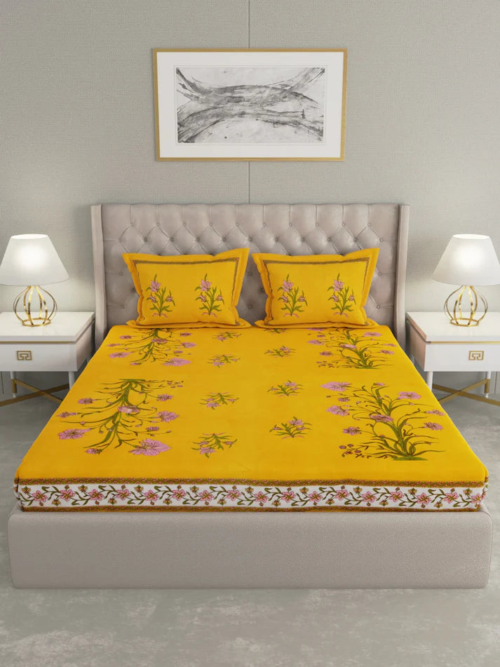 100% Pure Organic Cotton Fabric Hand Block Printed King Size Double Bedsheet with 2 Pillow Covers 340 TC Gift Or Decor