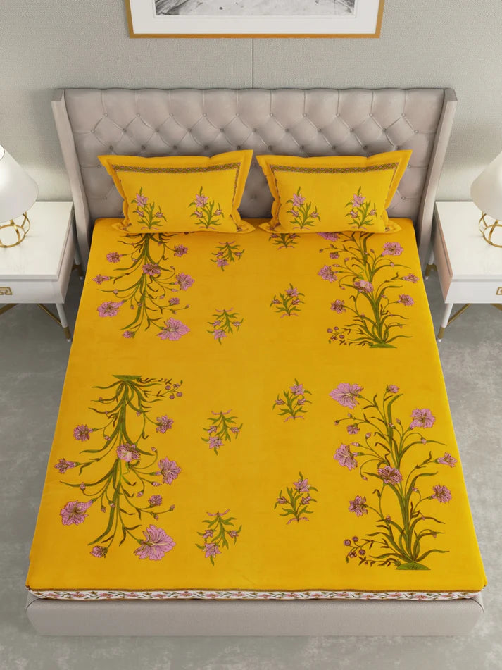 100% Pure Organic Cotton Fabric Hand Block Printed King Size Double Bedsheet with 2 Pillow Covers 340 TC Gift Or Decor