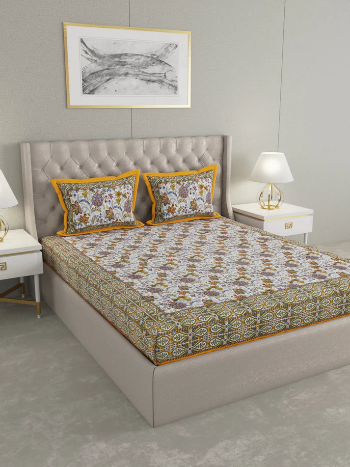 100% Pure Organic Cotton Fabric Hand Block Printed King Size Double Bedsheet with 2 Pillow Covers 340 TC Gift Or Decor
