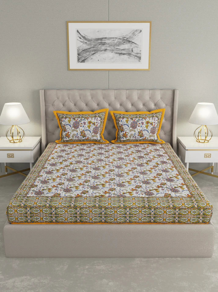 100% Pure Organic Cotton Fabric Hand Block Printed King Size Double Bedsheet with 2 Pillow Covers 340 TC Gift Or Decor