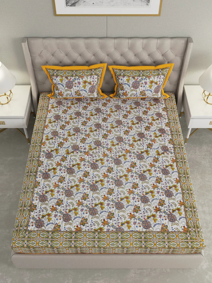 100% Pure Organic Cotton Fabric Hand Block Printed King Size Double Bedsheet with 2 Pillow Covers 340 TC Gift Or Decor