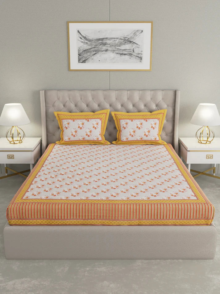 100% Pure Organic Cotton Fabric Hand Block Printed King Size Double Bedsheet with 2 Pillow Covers 340 TC Gift Or Decor