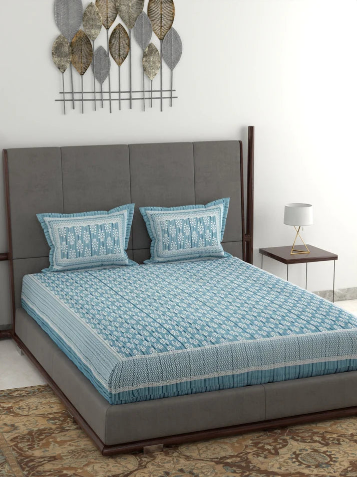 100% Pure Organic Cotton Fabric Jaipuri Hand Block Printed Jumbo King Size Double Bedsheet with 2 Pillow Covers Gift Or Decor