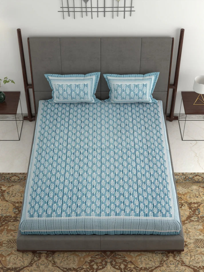 100% Pure Organic Cotton Fabric Jaipuri Hand Block Printed Jumbo King Size Double Bedsheet with 2 Pillow Covers Gift Or Decor