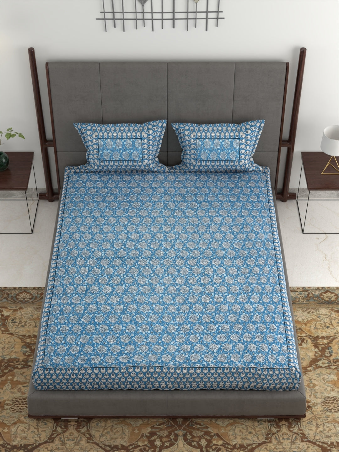 Pure Organic Cotton Jaipuri Hand Block Printed Jumbo King Size Bedsheet with Pillow Covers