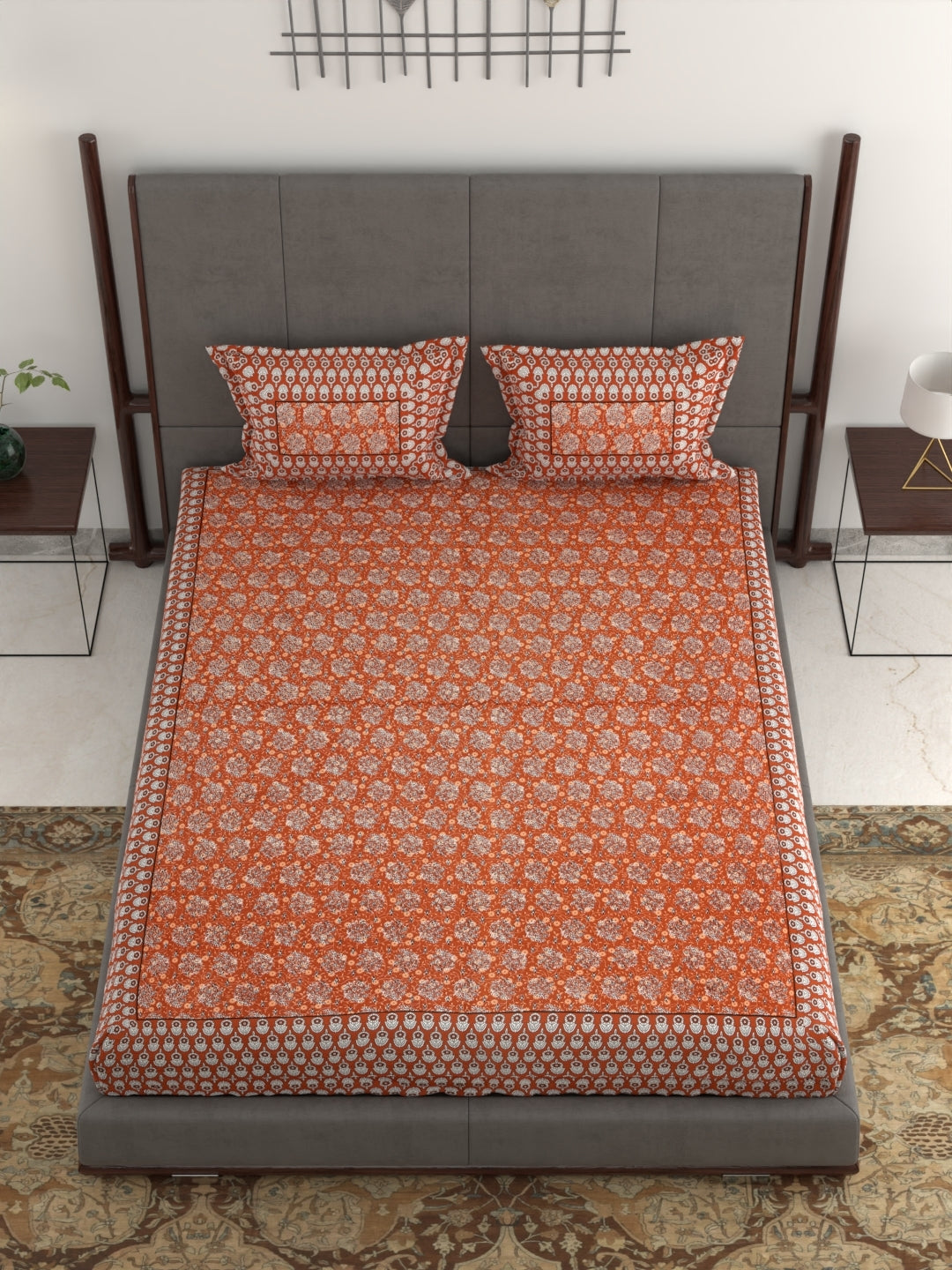 Pure Organic Cotton Jaipuri Hand Block Printed Jumbo King Size Bedsheet with Pillow Covers