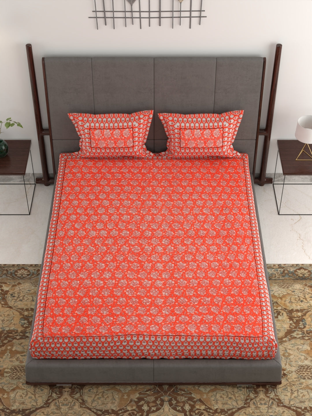 Pure Organic Cotton Jaipuri Hand Block Printed Jumbo King Size Bedsheet with Pillow Covers