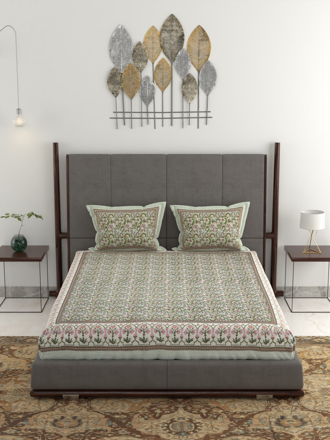 Pure Organic Cotton Jaipuri Hand Block Printed Jumbo King Size Bedsheet with Pillow Covers