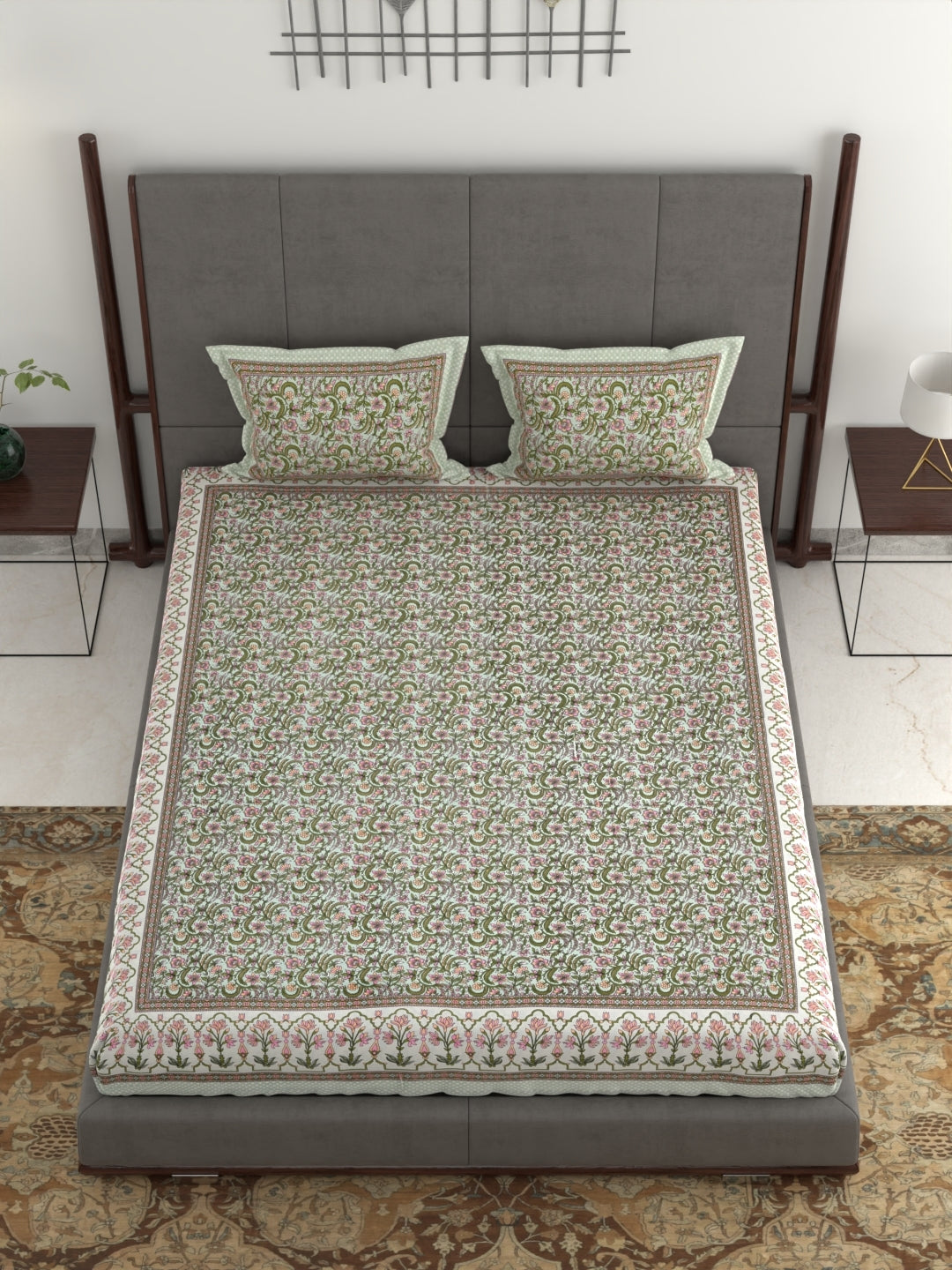Pure Organic Cotton Jaipuri Hand Block Printed Jumbo King Size Bedsheet with Pillow Covers