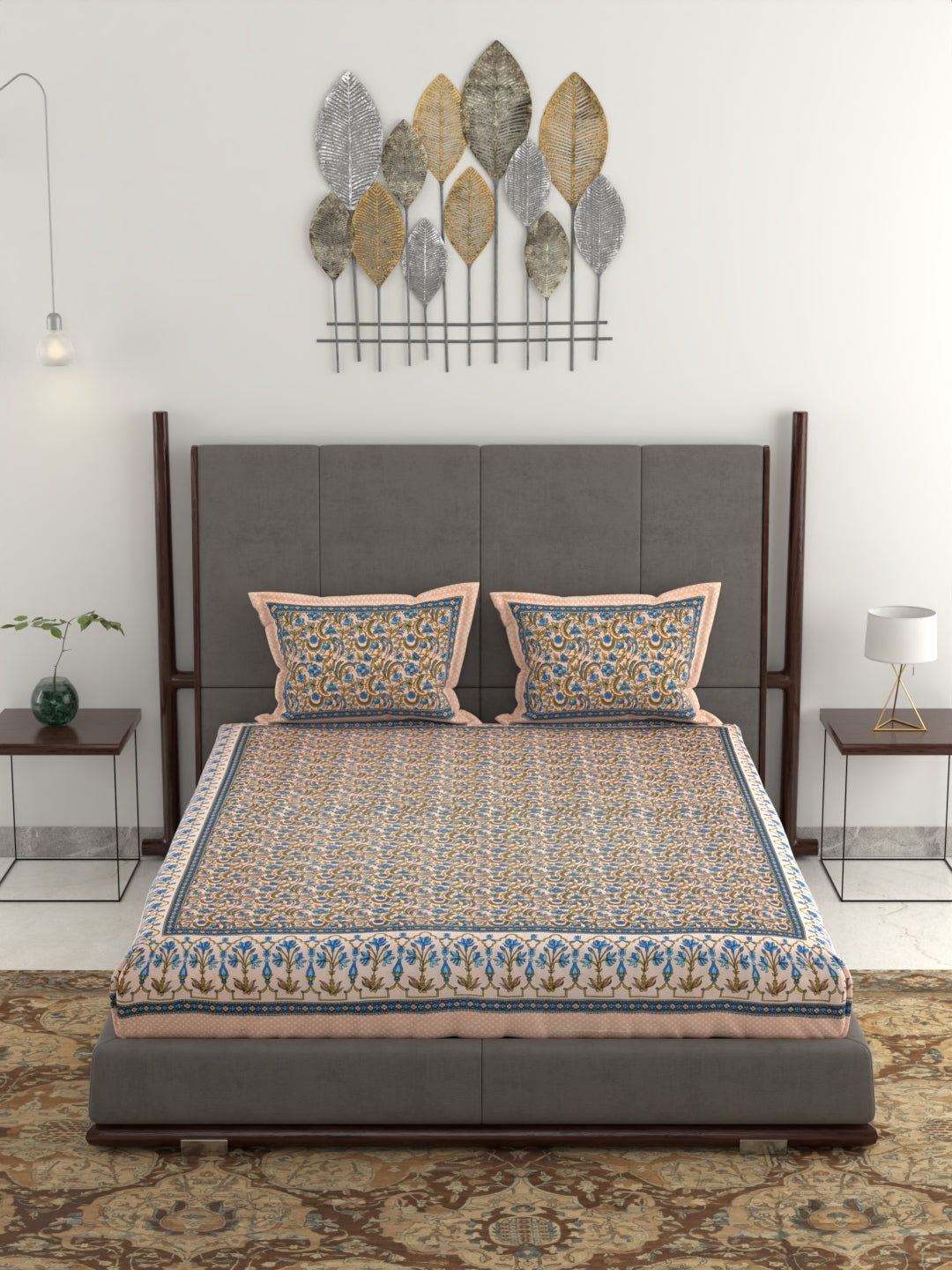Pure Organic Cotton Jaipuri Hand Block Printed Jumbo King Size Bedsheet with Pillow Covers
