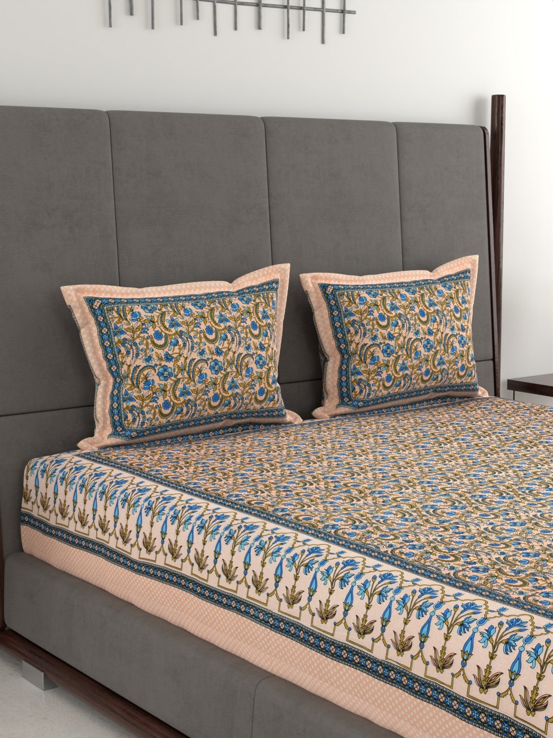 Pure Organic Cotton Jaipuri Hand Block Printed Jumbo King Size Bedsheet with Pillow Covers