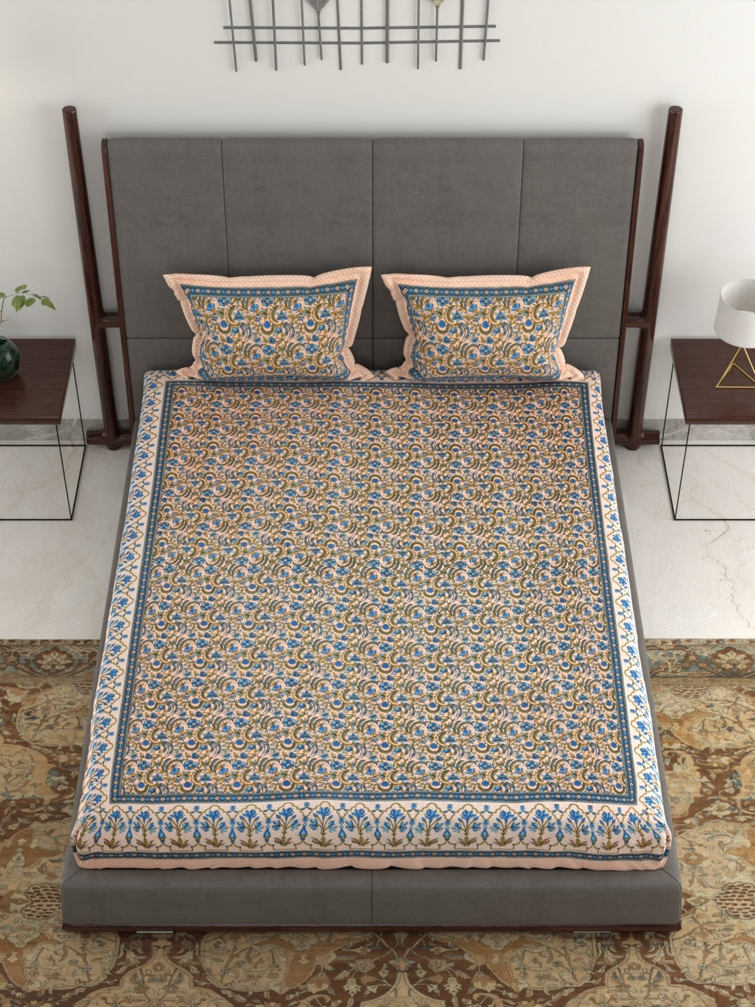 Pure Organic Cotton Jaipuri Hand Block Printed Jumbo King Size Bedsheet with Pillow Covers