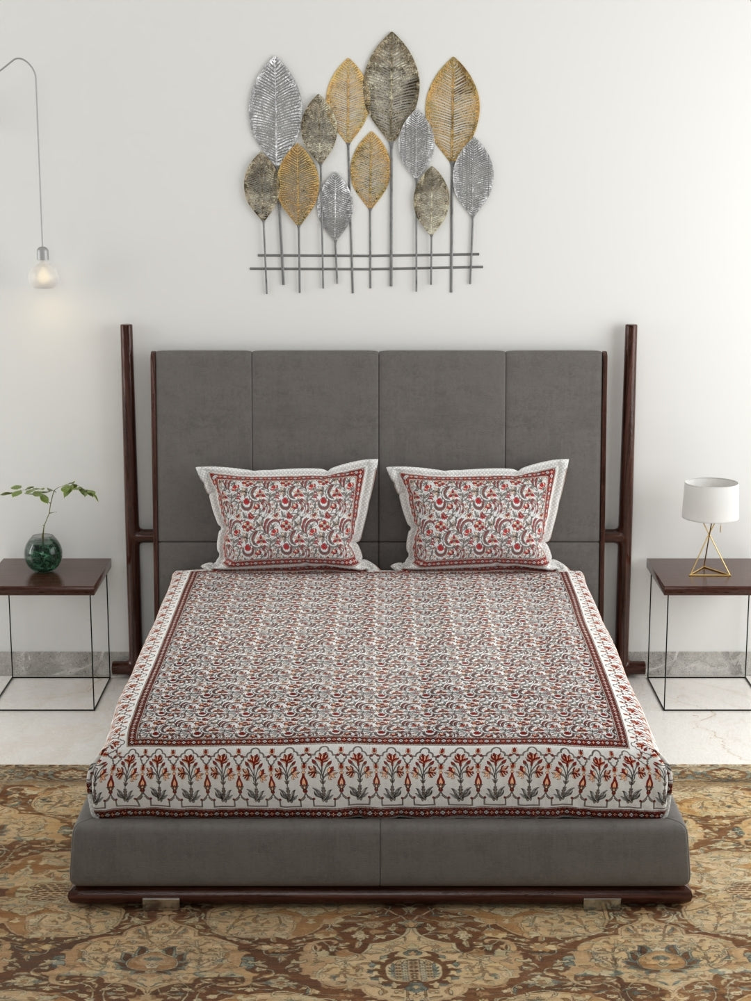 Pure Organic Cotton Jaipuri Hand Block Printed Jumbo King Size Bedsheet with Pillow Covers