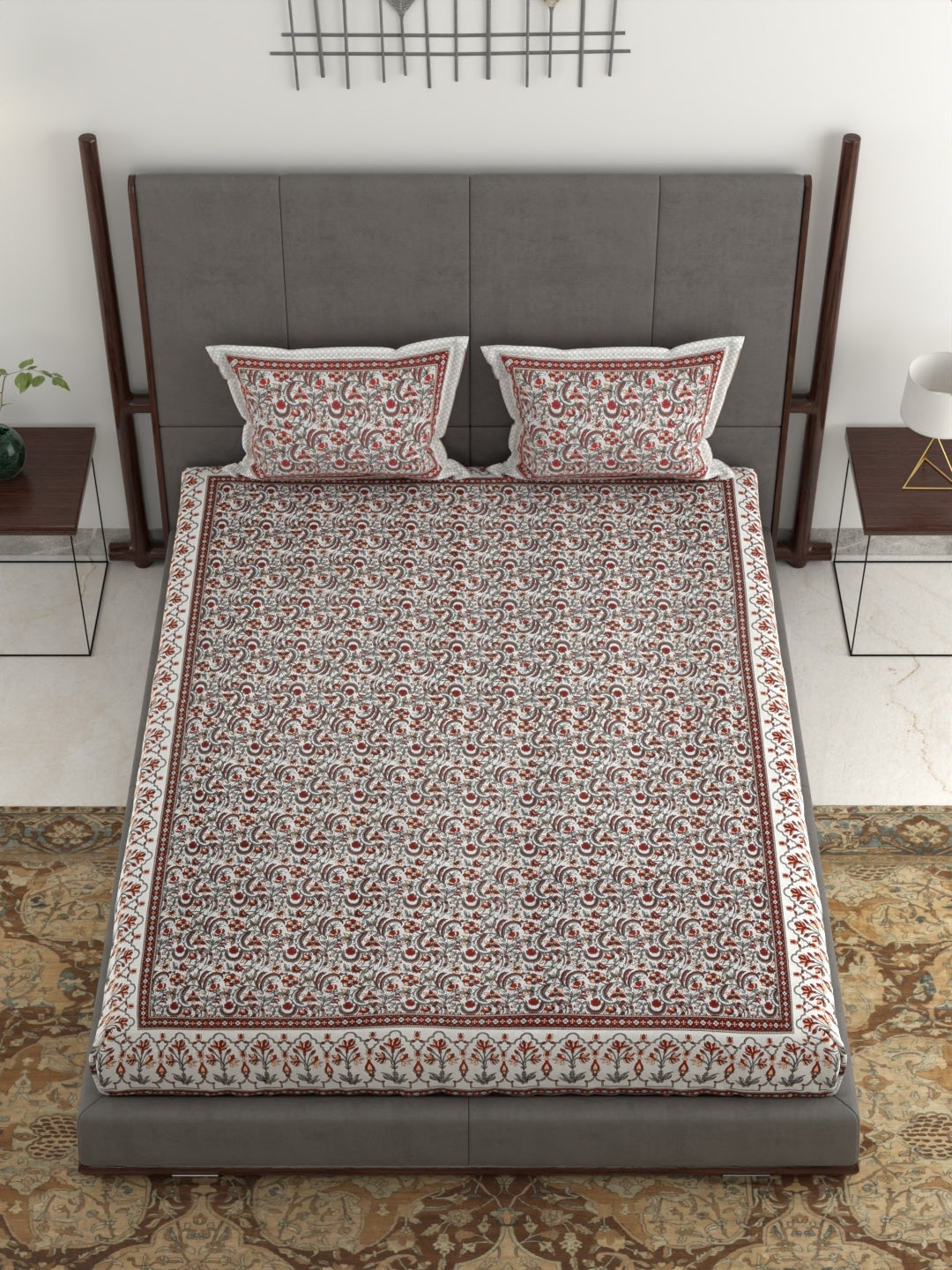 Pure Organic Cotton Jaipuri Hand Block Printed Jumbo King Size Bedsheet with Pillow Covers