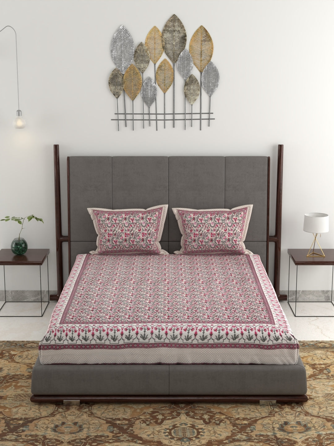 Pure Organic Cotton Jaipuri Hand Block Printed Jumbo King Size Bedsheet with Pillow Covers
