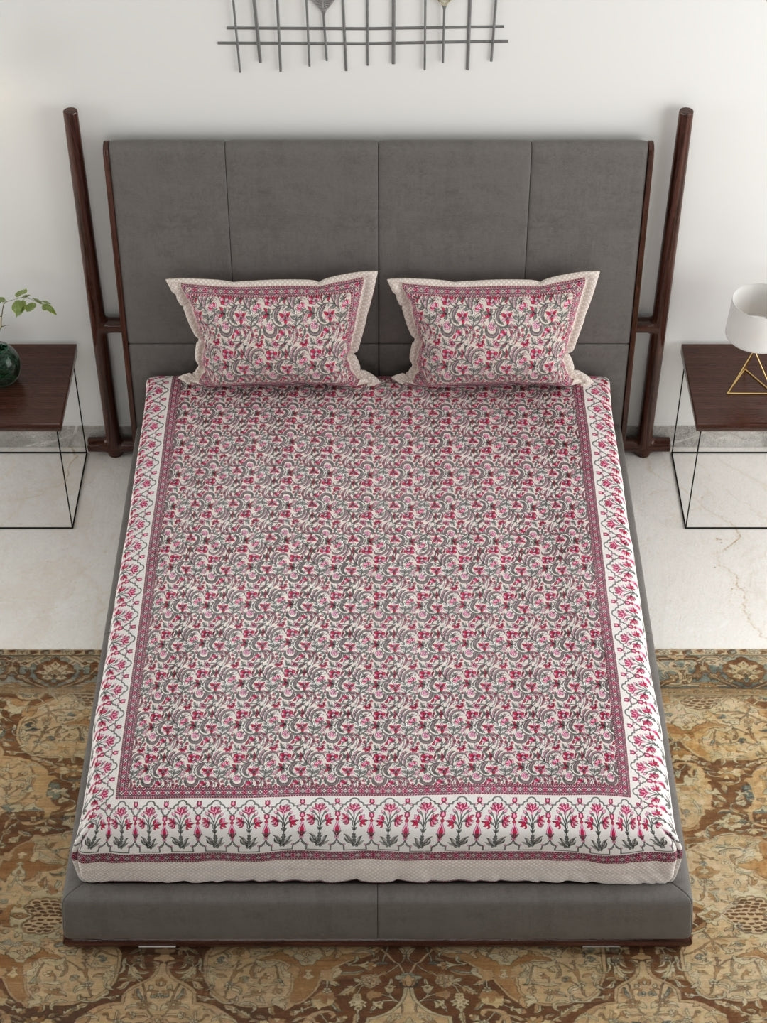 Pure Organic Cotton Jaipuri Hand Block Printed Jumbo King Size Bedsheet with Pillow Covers