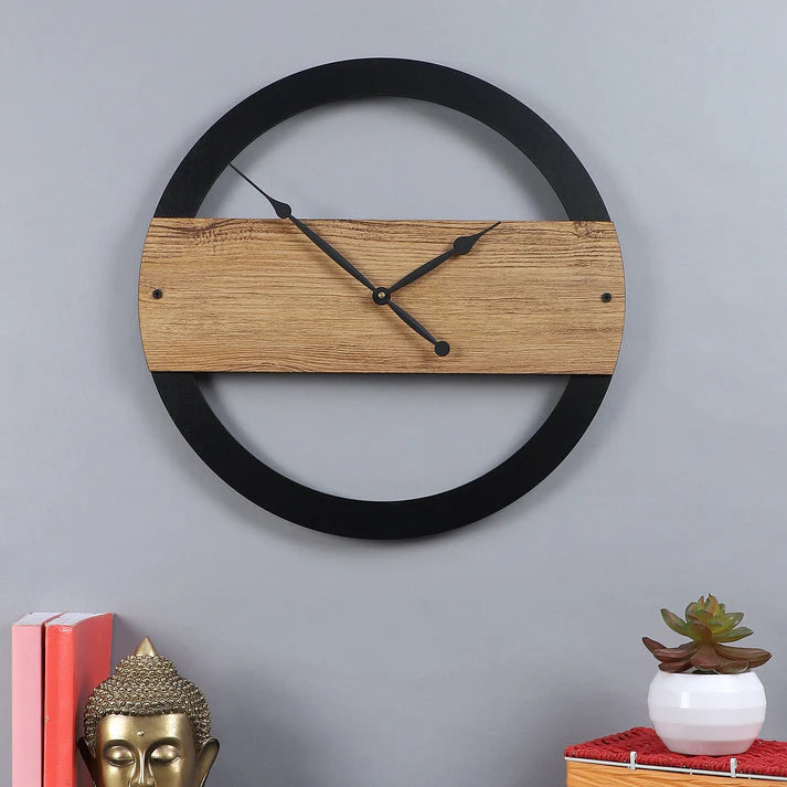 Round Black Framed Engineered Wood Wall Clock with Leather coating Gift Or Decor
