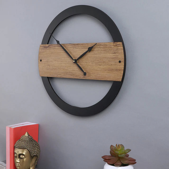 Round Black Framed Engineered Wood Wall Clock with Leather coating Gift Or Decor