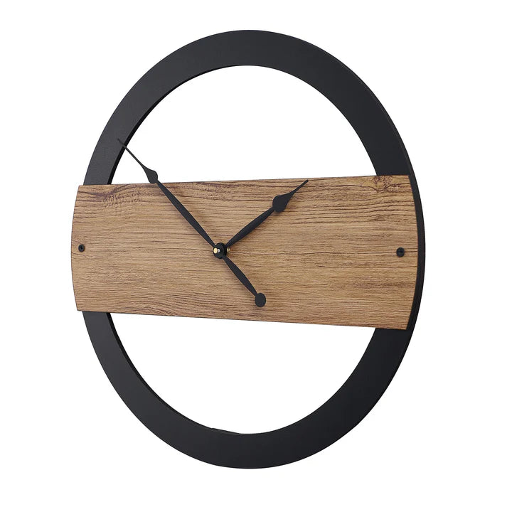 Round Black Framed Engineered Wood Wall Clock with Leather coating Gift Or Decor