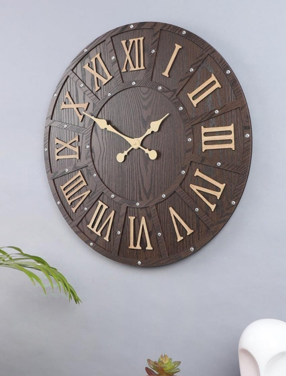 Round Engineered Wood Roman Numeral Wall Clock With Leather coating || Wall Clock Gift Or Decor