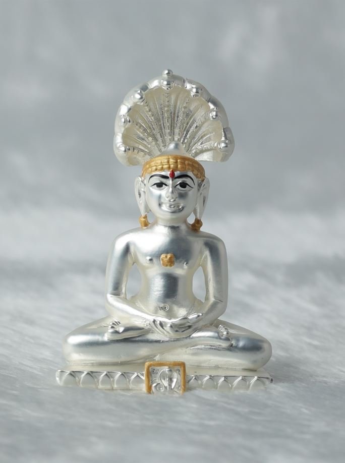 Silver Plated Parshvanatha Idol with Matt Finish and Golden Border
