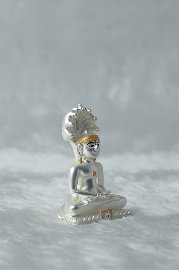 Silver Plated Parshvanatha Idol with Matt Finish and Golden Border