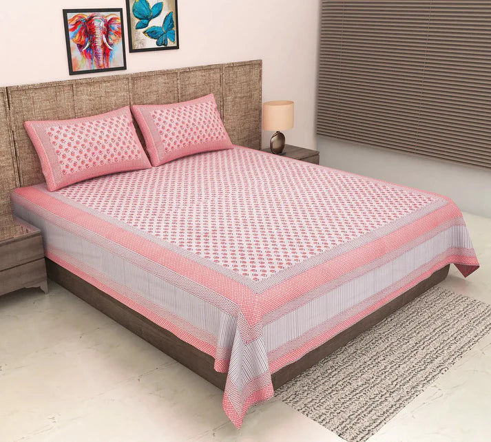 Pure Organic Cotton Bedsheet Hand Block Printed King Size with Pillow Covers 340 TC GiftorDecor