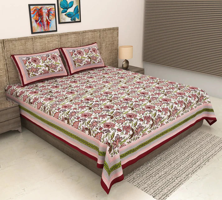 Pure Organic Cotton Bedsheet Hand Block Printed King Size with Pillow Covers 340 TC GiftorDecor