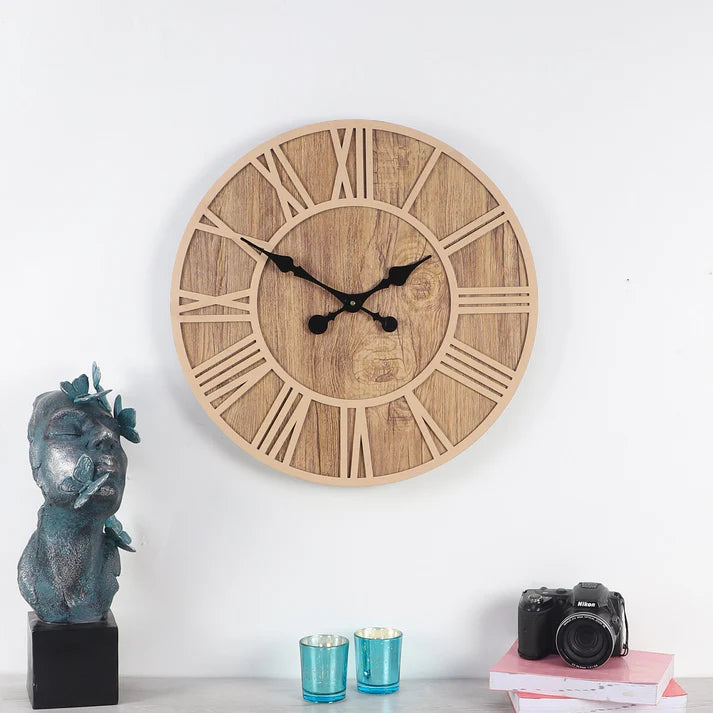 Round Engineered Wood Roman Numeral Wall Clock With Leather coating || Wall Clock Gift Or Decor